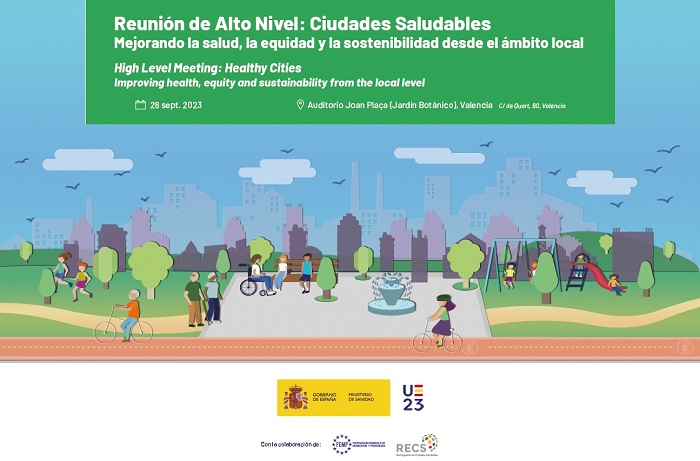 Banner de la Reunión de Alto Nivel: Ciudades Saludables: Mejorando la salud, la equidad y la sostenibilidad desde el ámbito local